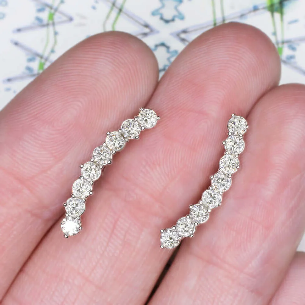 1 CARAT DIAMOND EAR CLIMBER EARRINGS CURVED BAR CRAWLER 14k WHITE GOLD NATURAL