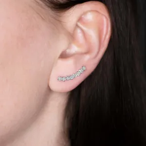 1 CARAT DIAMOND EAR CLIMBER EARRINGS CURVED BAR CRAWLER 14k WHITE GOLD NATURAL