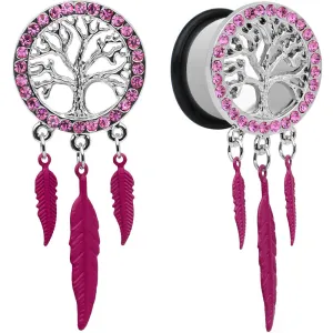 11/16 Pink Gem Steel Single Flare Tree of Life Dangle Plug Set