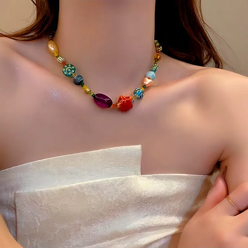 14K Gold-Plated Colorful Beaded Star Necklace