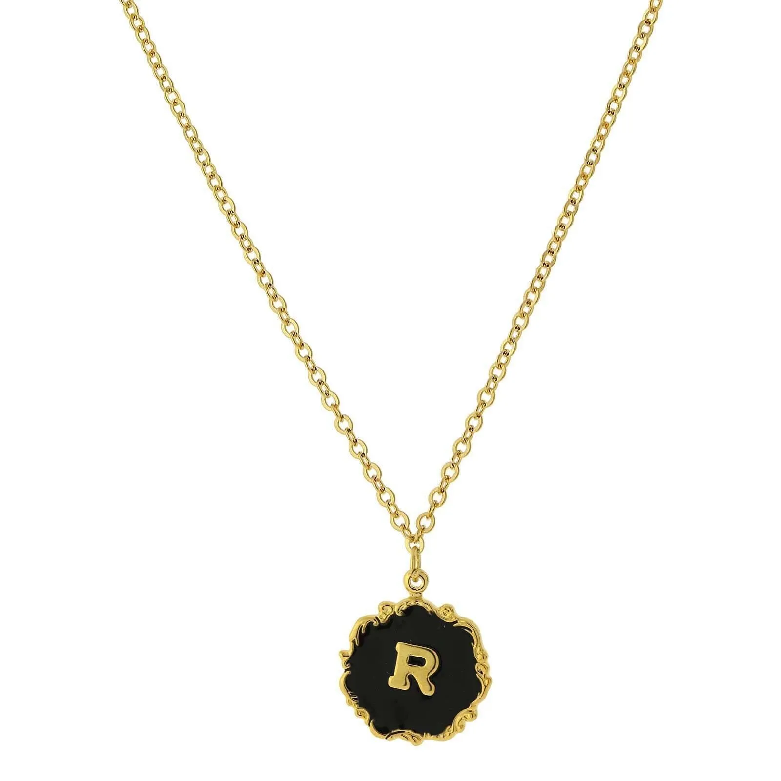1928 Jewelry Sunburst Black Enamel Initial Pendant Necklace 16"   3" Extender