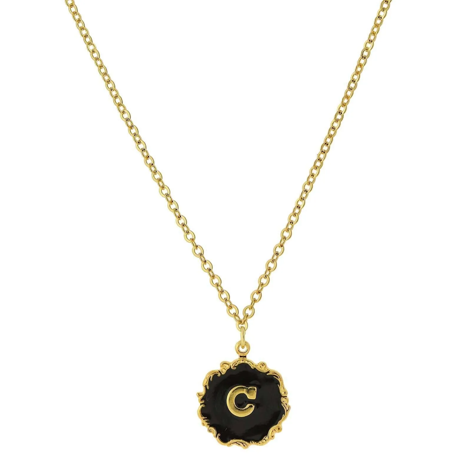 1928 Jewelry Sunburst Black Enamel Initial Pendant Necklace 16"   3" Extender