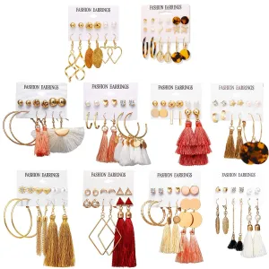 63 Pairs Colorful Earrings with Tassel Earrings Layered Ball Dangle Hoop Stud Jacket Earrings for Women Girls Jewelry Fashion and Valentine Birthday Party Gift