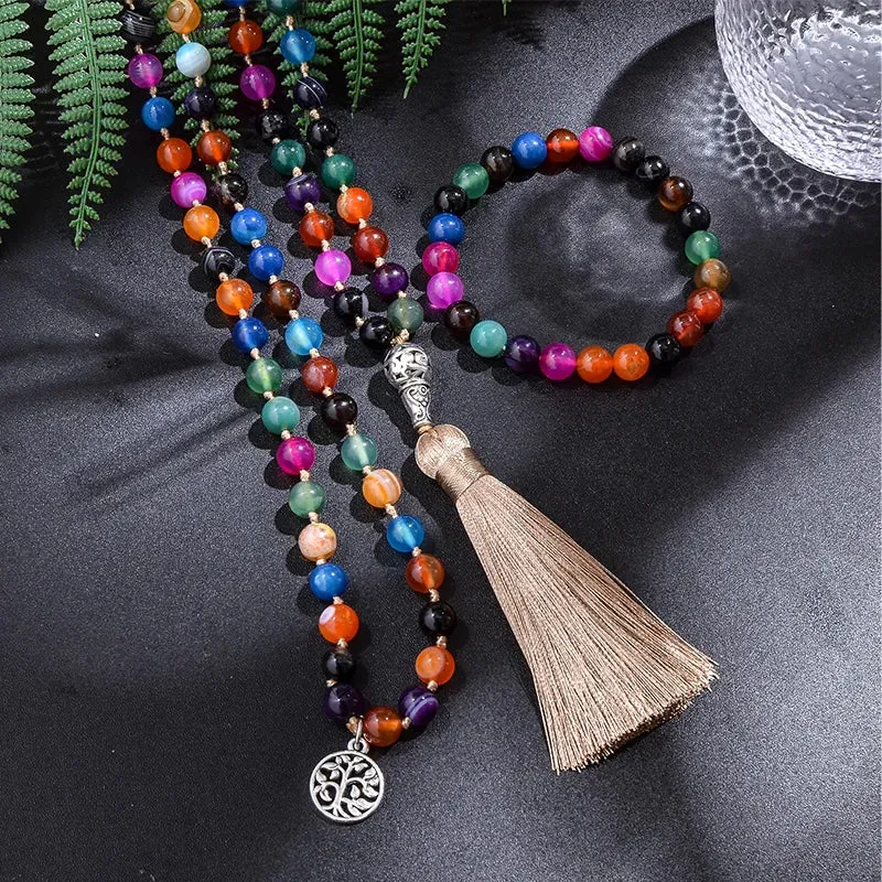 8mm Colorful Striped Agate Beads and Knotted Japamala Necklace Meditation Yoga Blessing Jewelry Set