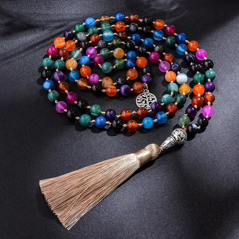 8mm Colorful Striped Agate Beads and Knotted Japamala Necklace Meditation Yoga Blessing Jewelry Set
