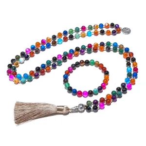 8mm Colorful Striped Agate Beads and Knotted Japamala Necklace Meditation Yoga Blessing Jewelry Set