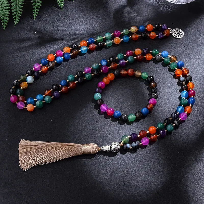 8mm Colorful Striped Agate Beads and Knotted Japamala Necklace Meditation Yoga Blessing Jewelry Set