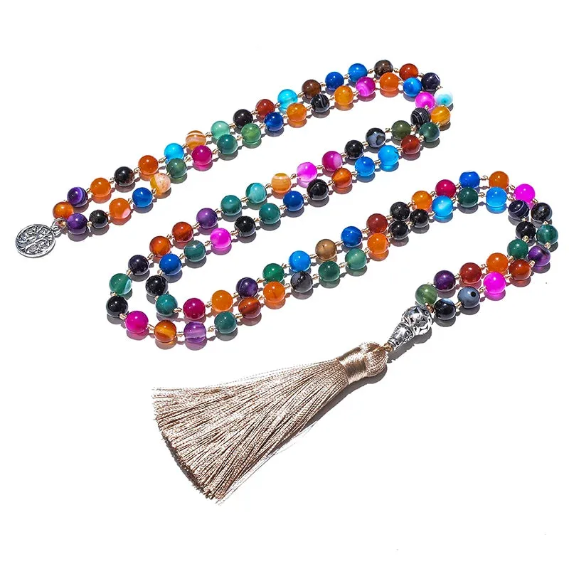 8mm Colorful Striped Agate Beads and Knotted Japamala Necklace Meditation Yoga Blessing Jewelry Set