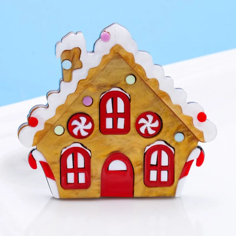 Acrylic Christmas House Brooch Pins Cute Snow Chalet Women New Year Jewelry