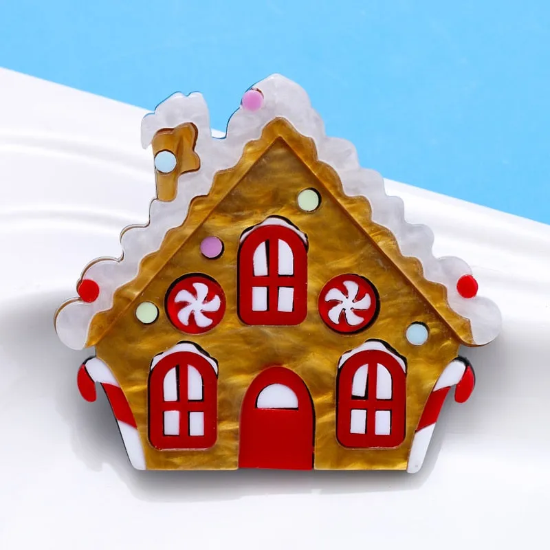 Acrylic Christmas House Brooch Pins Cute Snow Chalet Women New Year Jewelry