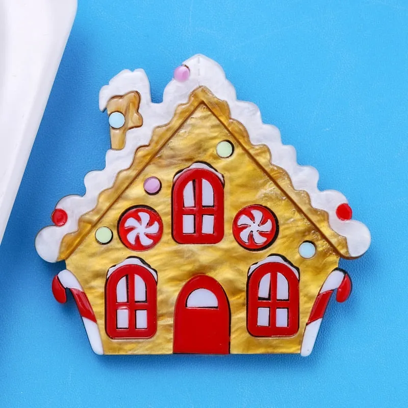 Acrylic Christmas House Brooch Pins Cute Snow Chalet Women New Year Jewelry