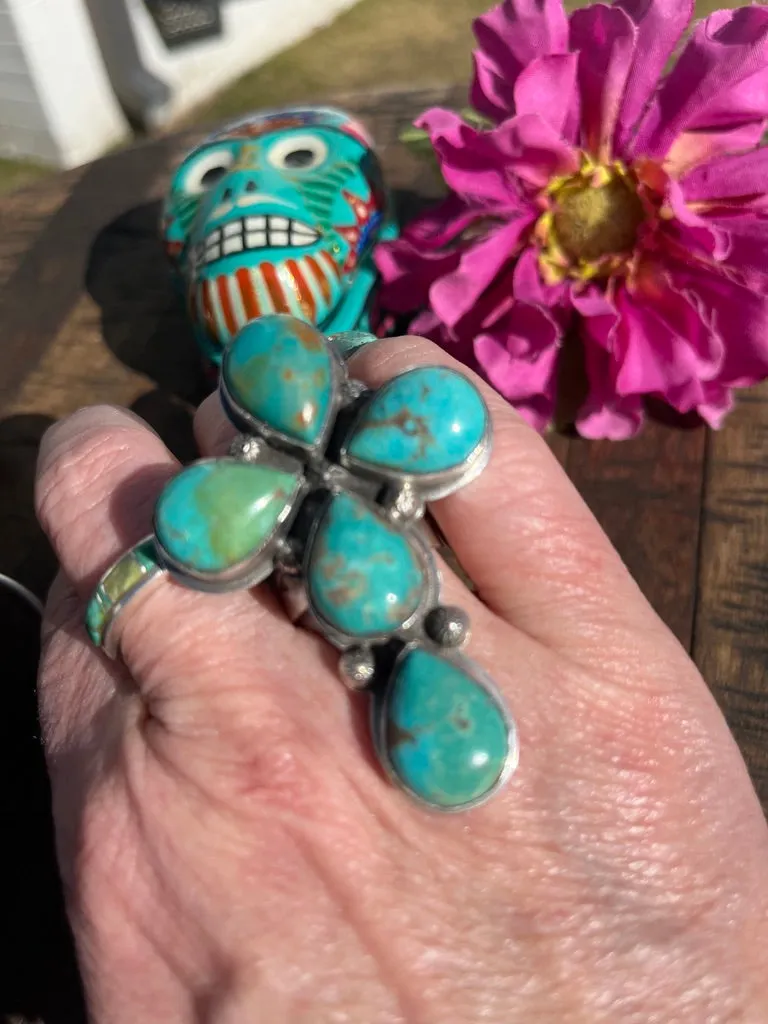 Adjustable Kingman Turquoise Cross ring #1