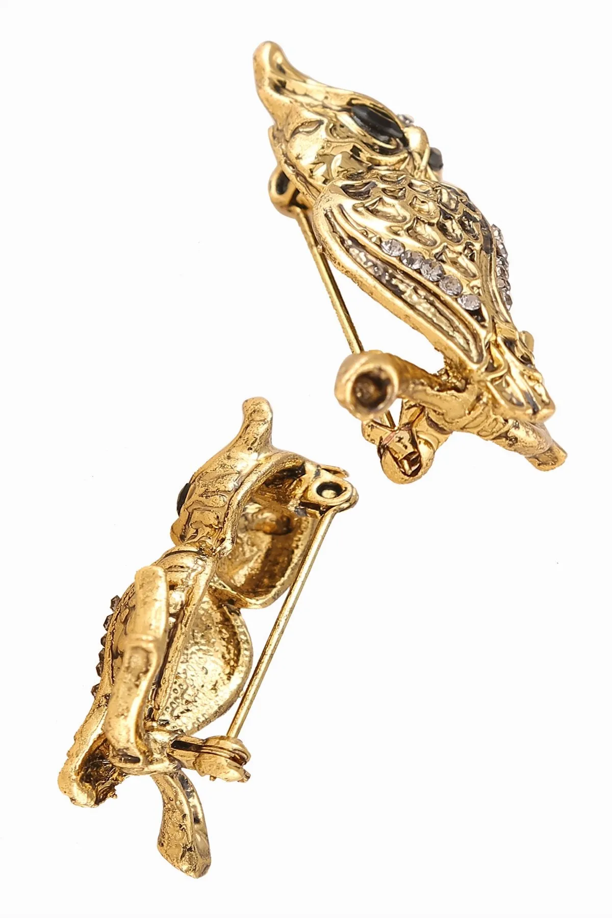 Antique Gold Colour Diamond Owl Luxury Bird Brooch Pin