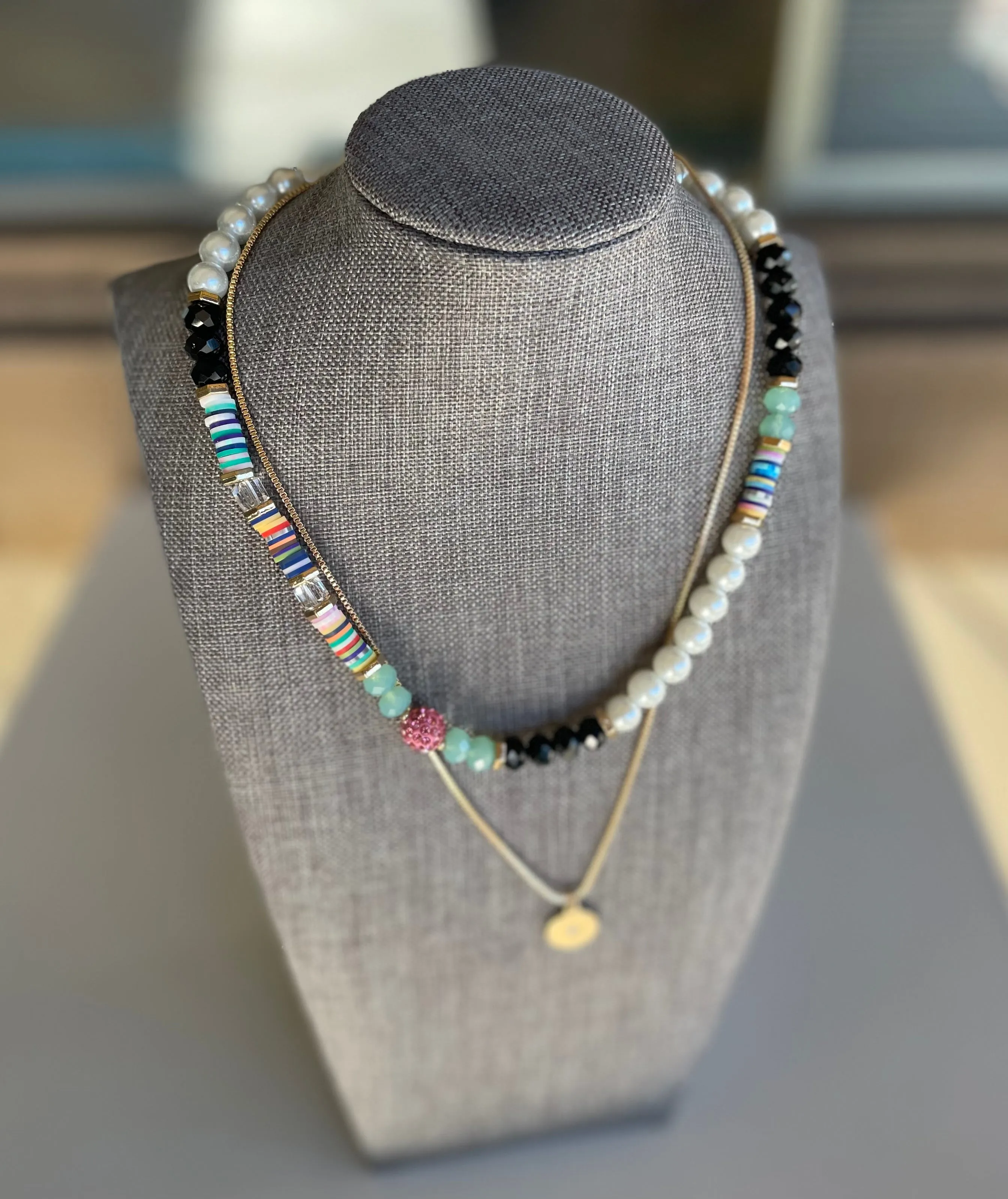 Black & Colorful Beads Layered Gold Coin Chain Necklace