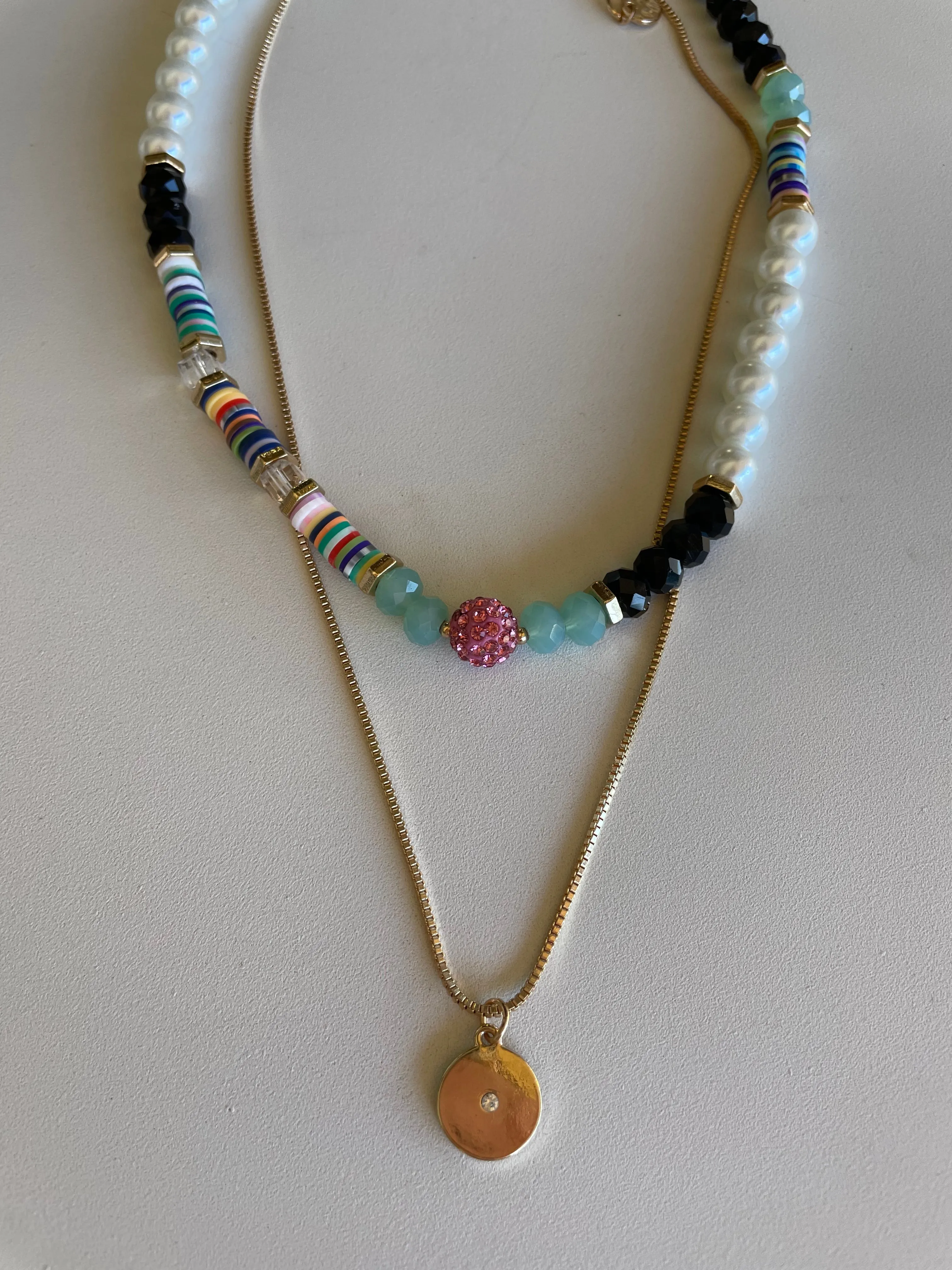Black & Colorful Beads Layered Gold Coin Chain Necklace