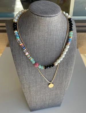 Black & Colorful Beads Layered Gold Coin Chain Necklace