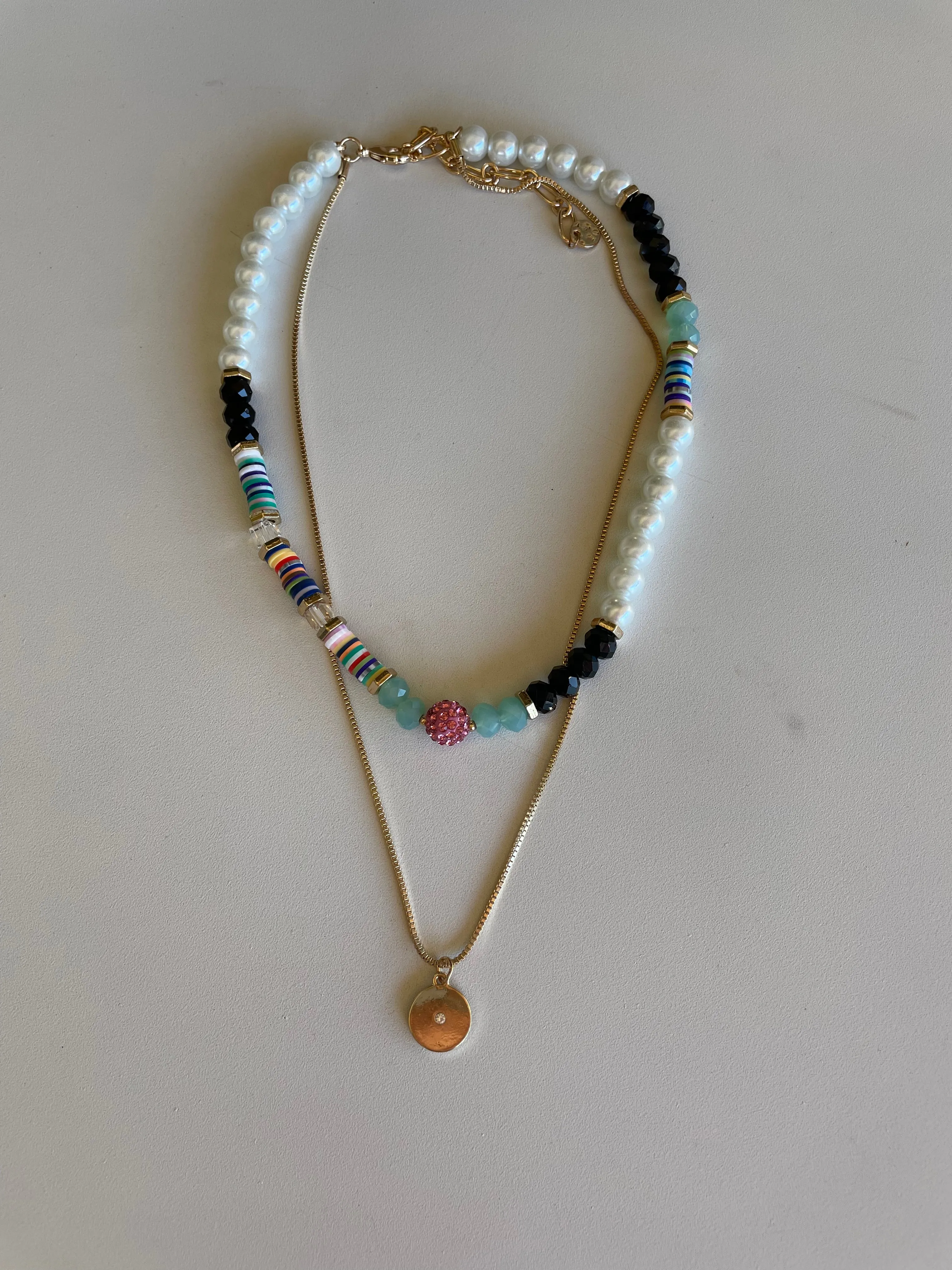Black & Colorful Beads Layered Gold Coin Chain Necklace