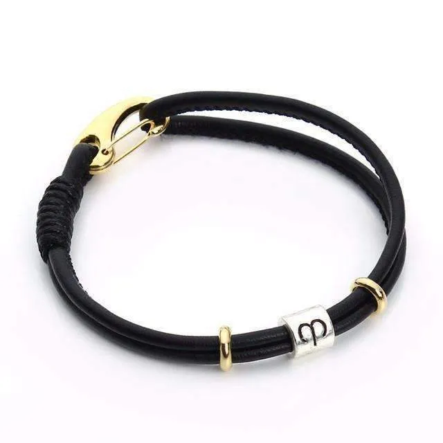 Black Leather Silver Zodiac Signs Charm Bracelet