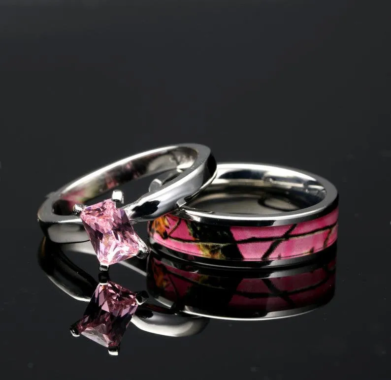 Blush Wilderness - Pink Camo Engagement Rings Set | Camo Couple Ring Set