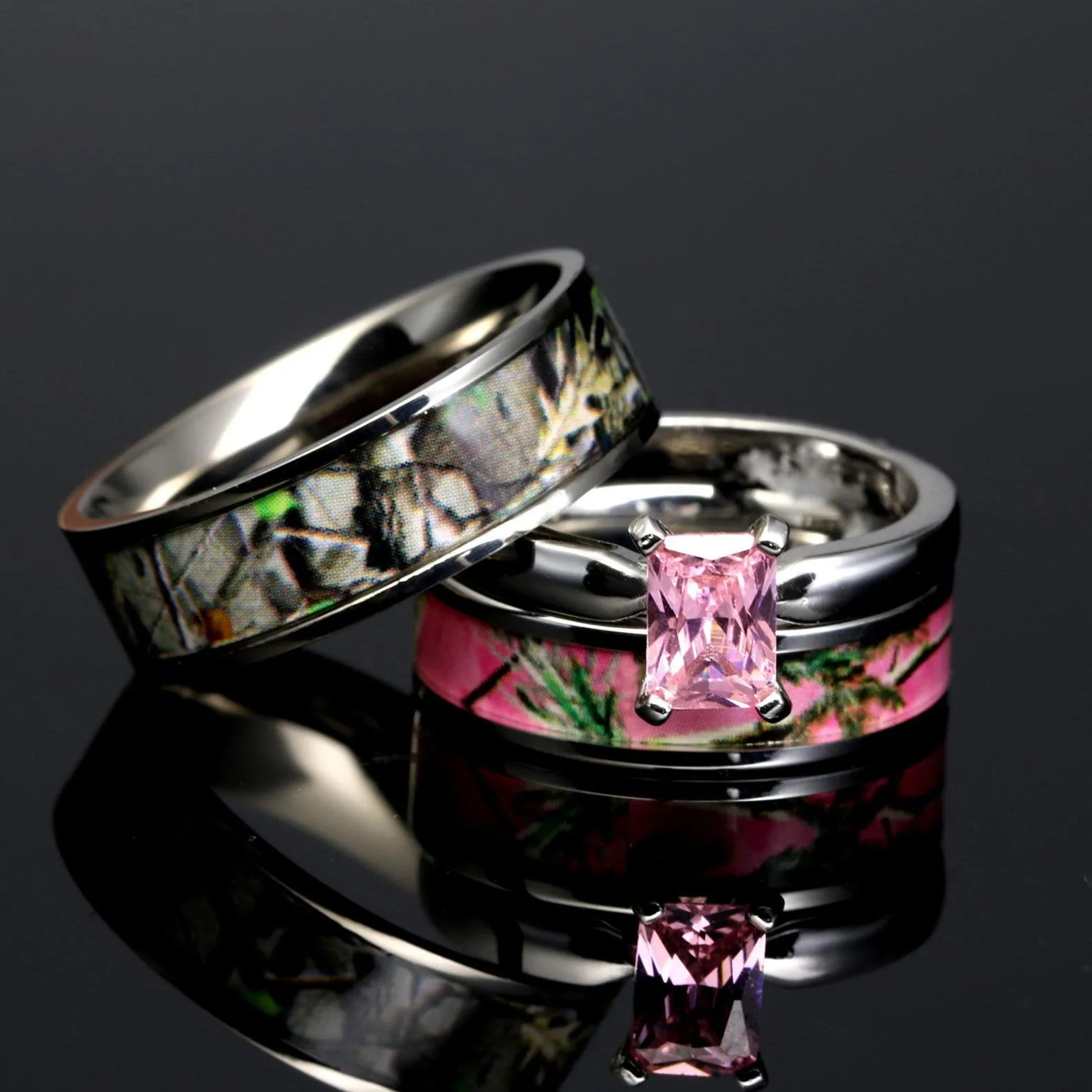 Blush Wilderness - Pink Camo Engagement Rings Set | Camo Couple Ring Set