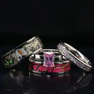 Blush Wilderness - Pink Camo Engagement Rings Set | Camo Couple Ring Set