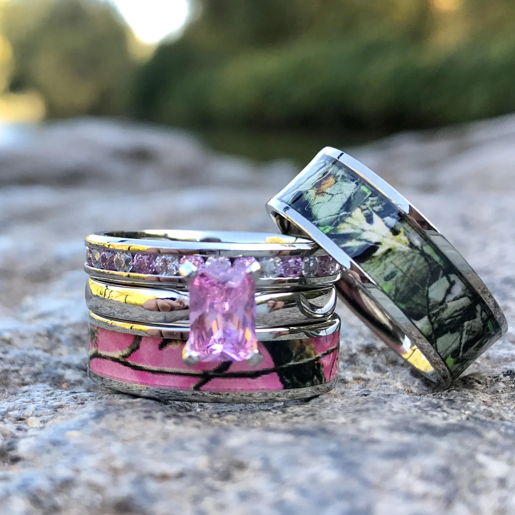 Blush Wilderness - Pink Camo Engagement Rings Set | Camo Couple Ring Set