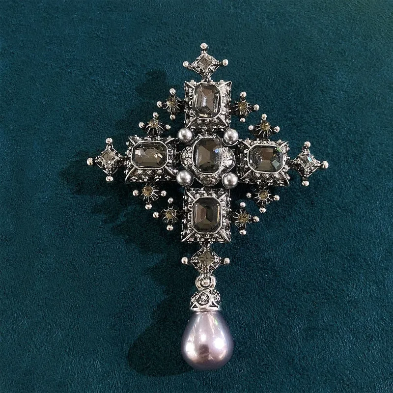 Classic Women Girls Pearl Pendant Cross Badges Pin Vintage Palace Baroque Style Crsytal Brooch
