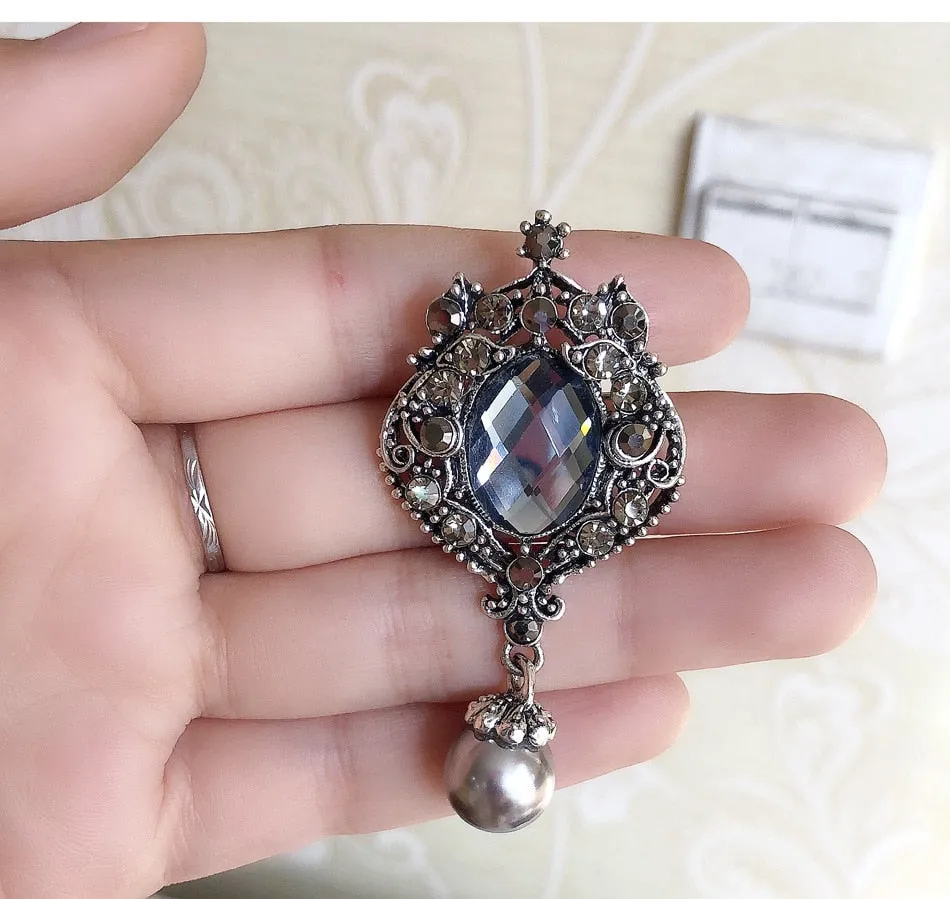 Classic Women Girls Pearl Pendant Cross Badges Pin Vintage Palace Baroque Style Crsytal Brooch