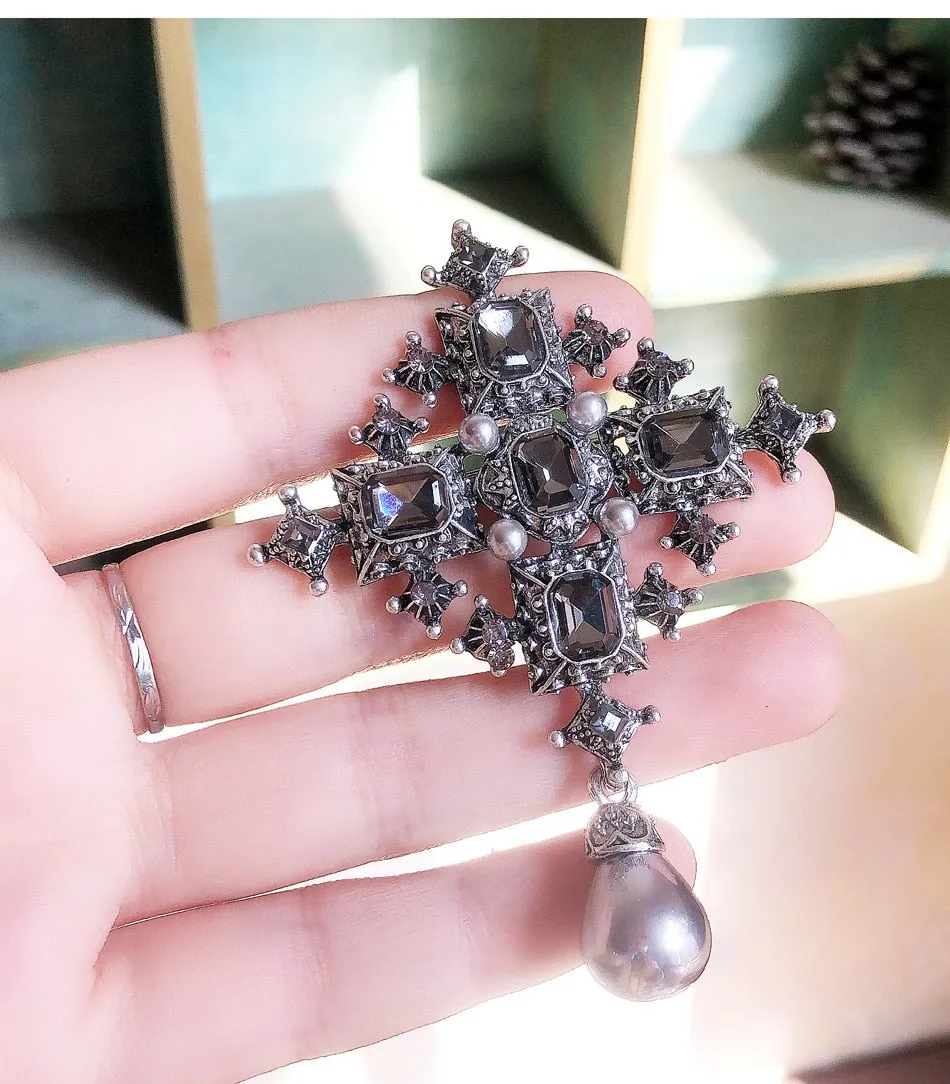 Classic Women Girls Pearl Pendant Cross Badges Pin Vintage Palace Baroque Style Crsytal Brooch