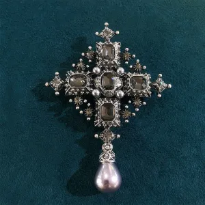 Classic Women Girls Pearl Pendant Cross Badges Pin Vintage Palace Baroque Style Crsytal Brooch