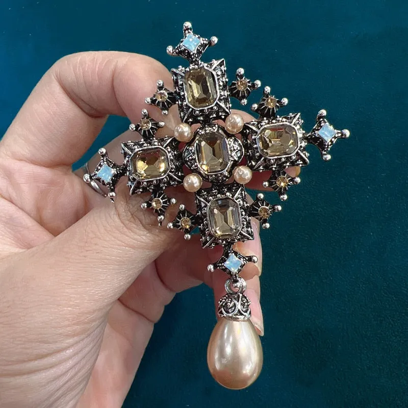 Classic Women Girls Pearl Pendant Cross Badges Pin Vintage Palace Baroque Style Crsytal Brooch