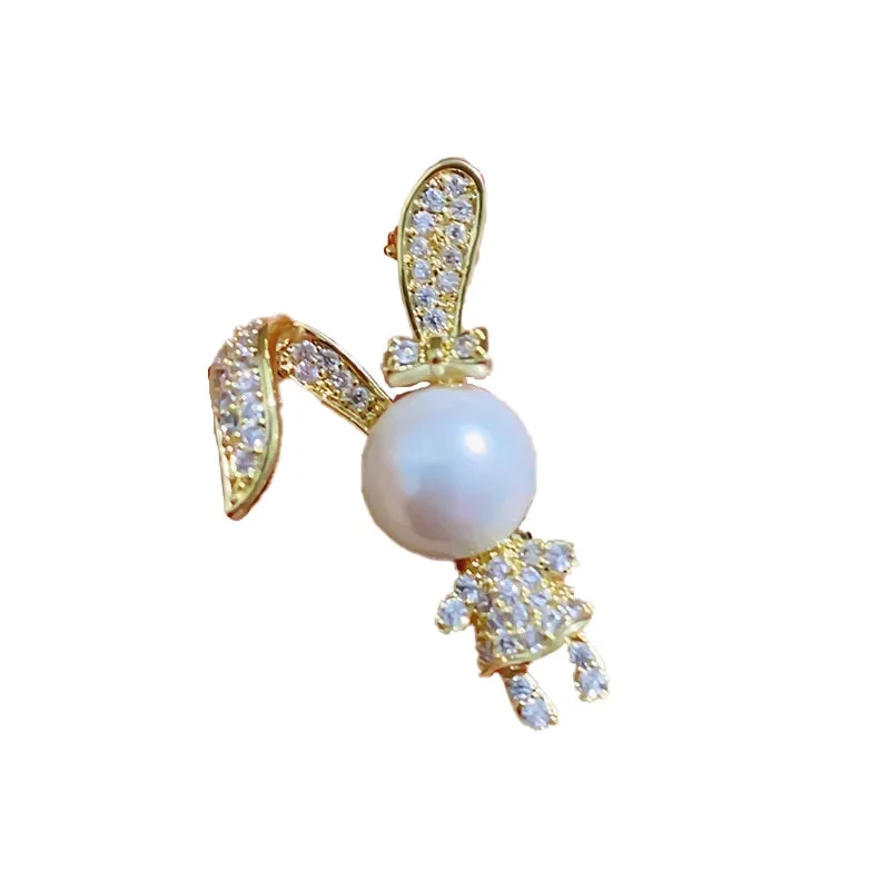 Cute Rabbit Brooch Simulated Pearl Personality Cartoon Pins Collar Suit Accessories