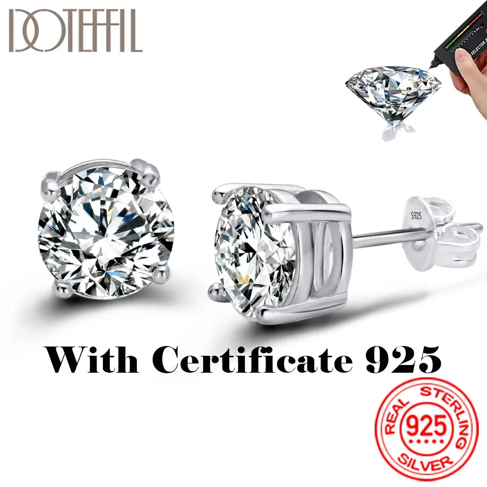 DOTEFFIL 2 Carat 8.0mm D Color Moissanite Stud Earrings For Women Top Quality 100% 925 Sterling Silver Sparkling Wedding Jewelry