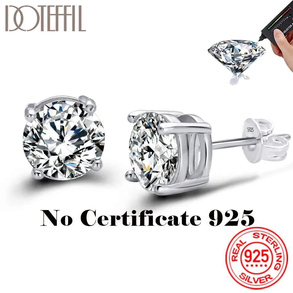 DOTEFFIL 2 Carat 8.0mm D Color Moissanite Stud Earrings For Women Top Quality 100% 925 Sterling Silver Sparkling Wedding Jewelry