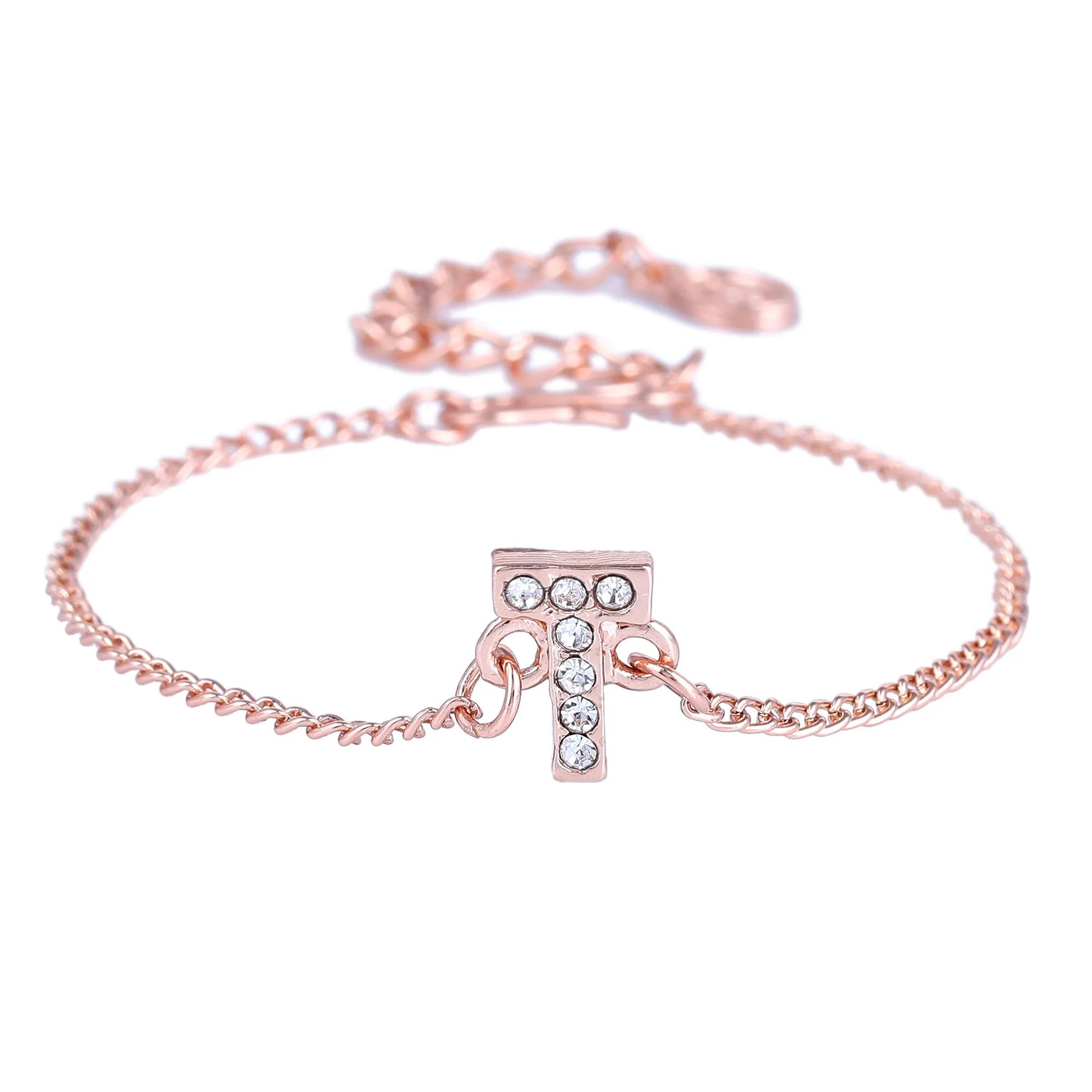 Estele Rose Gold Plated Captivating Medium 'T' Letter Bracelet with Crystals for Women