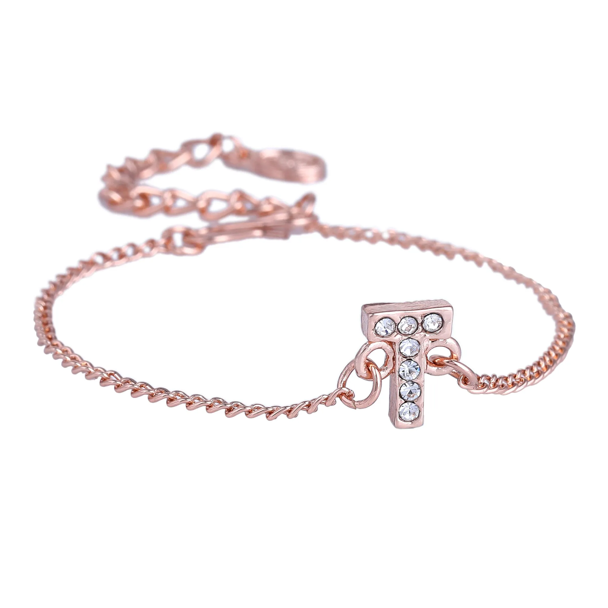 Estele Rose Gold Plated Captivating Medium 'T' Letter Bracelet with Crystals for Women
