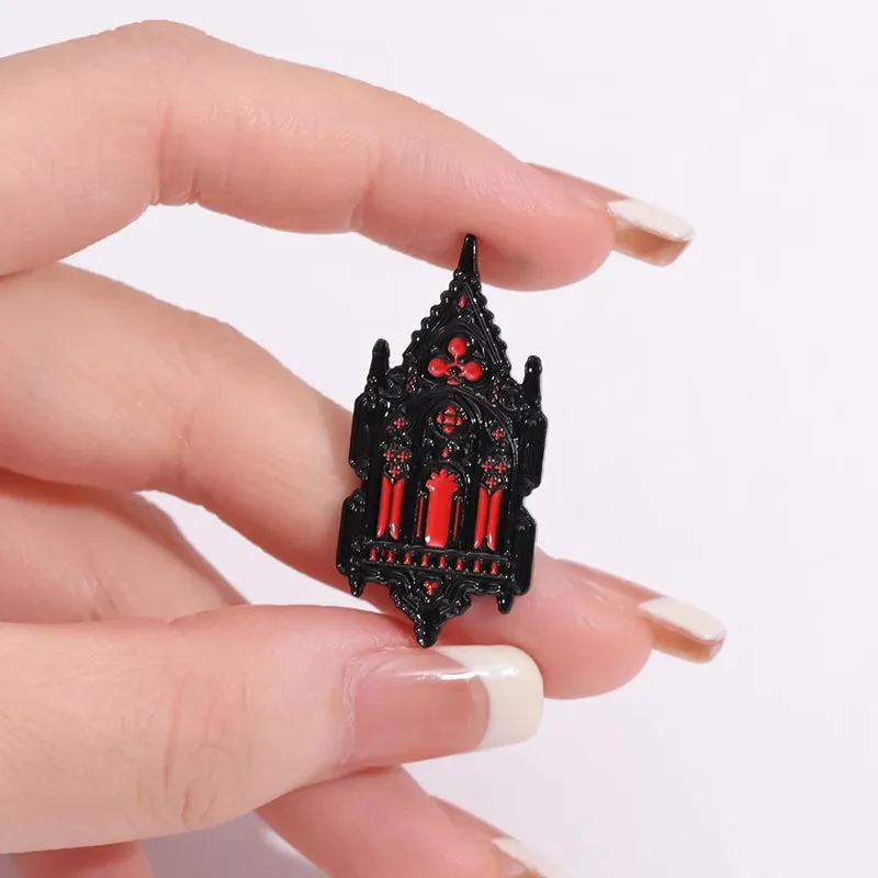 Gothic Mysterious Church Brooch – Enamel Pins with Retro Architecture & Lantern – Unique Jewelry Gift Pin