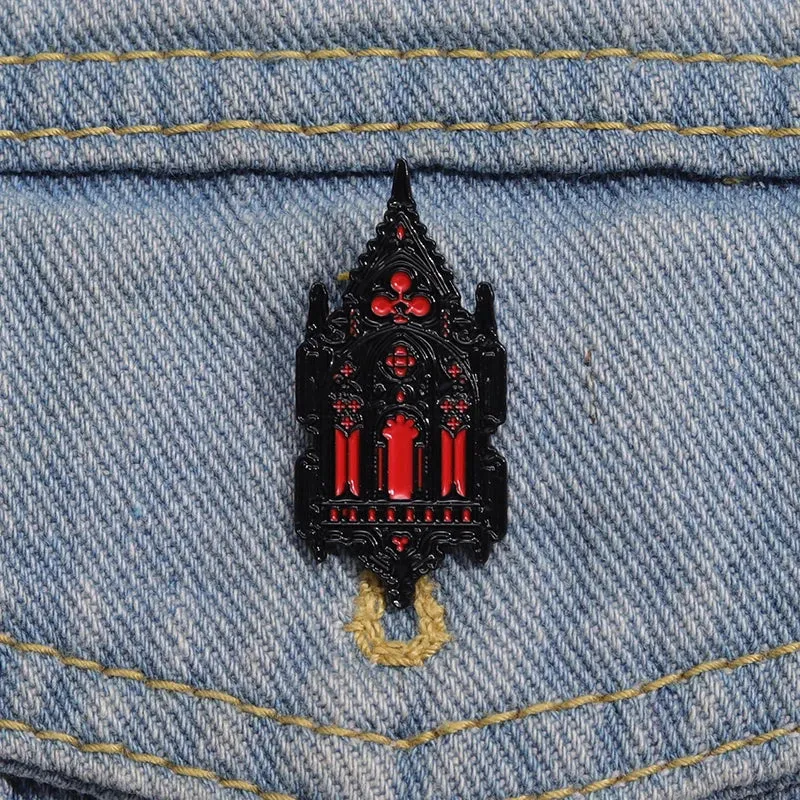 Gothic Mysterious Church Brooch – Enamel Pins with Retro Architecture & Lantern – Unique Jewelry Gift Pin