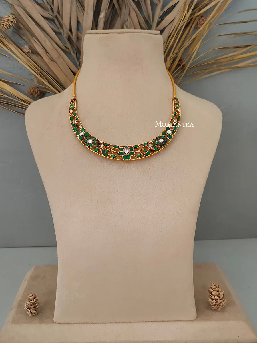 Green Color Gold Plated Temple Necklace - TMPNK11GR