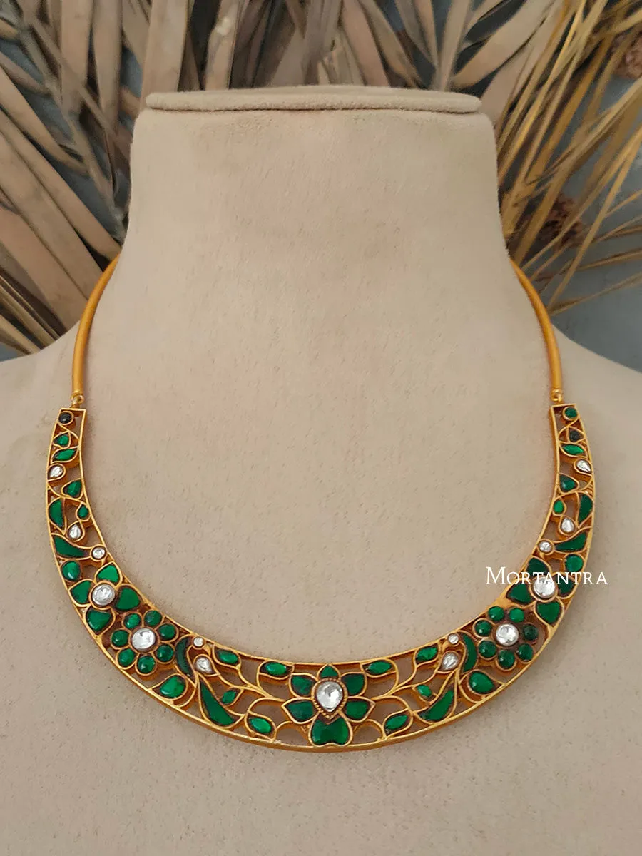 Green Color Gold Plated Temple Necklace - TMPNK11GR