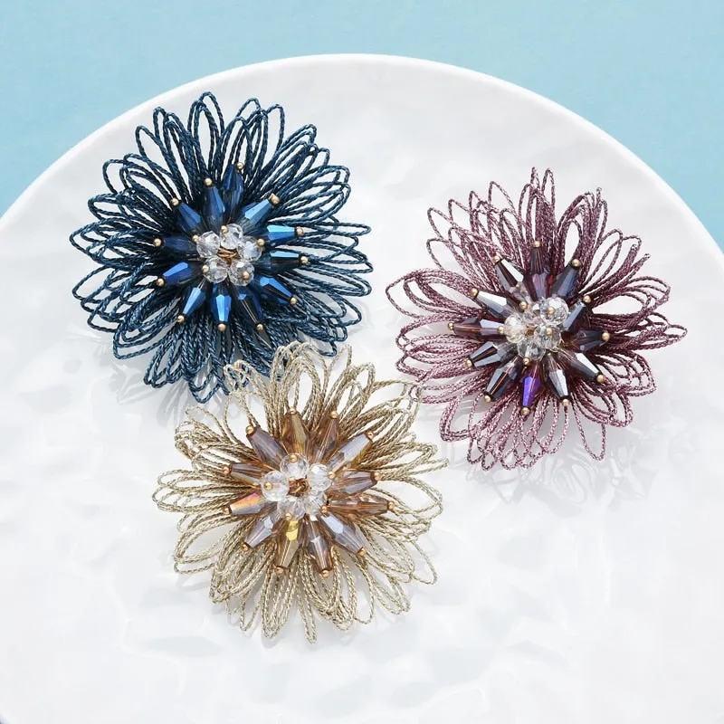 Handmade String Crystal Flower Brooches For Women Lady 3-color Flower Party Office Brooch