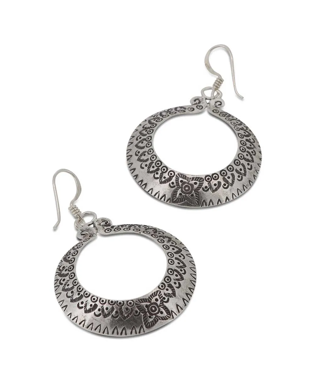 Hilltribe Sterling Silver Floral Etched Circular Earrings with French Hook