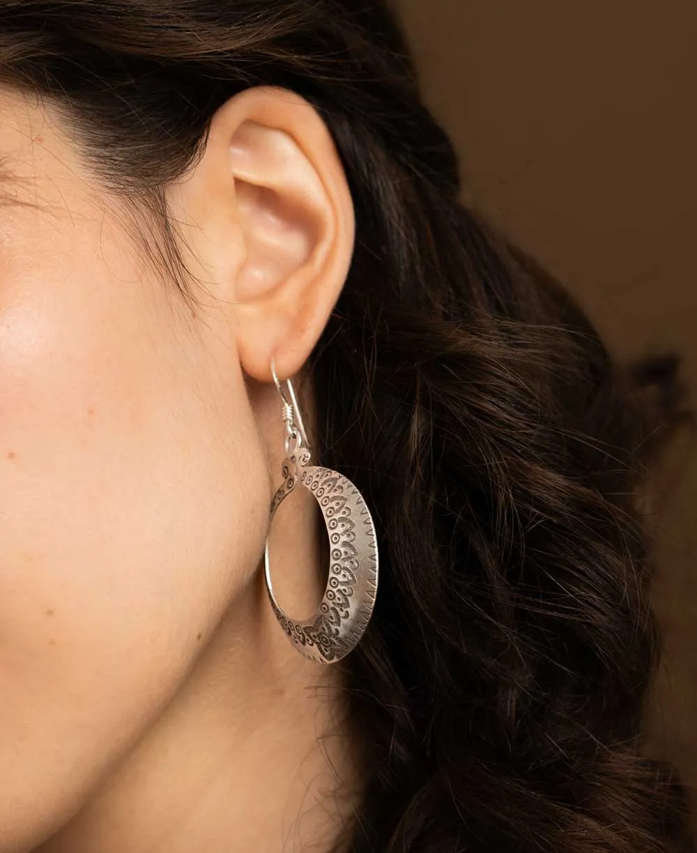 Hilltribe Sterling Silver Floral Etched Circular Earrings with French Hook