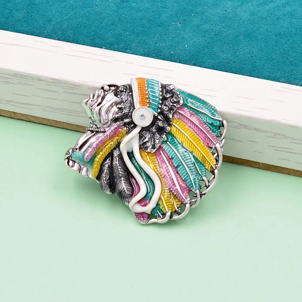 Indian Chief Head Brooch New Design Vintage Fashion Pin Feather Style High Quality Coat Accessories
