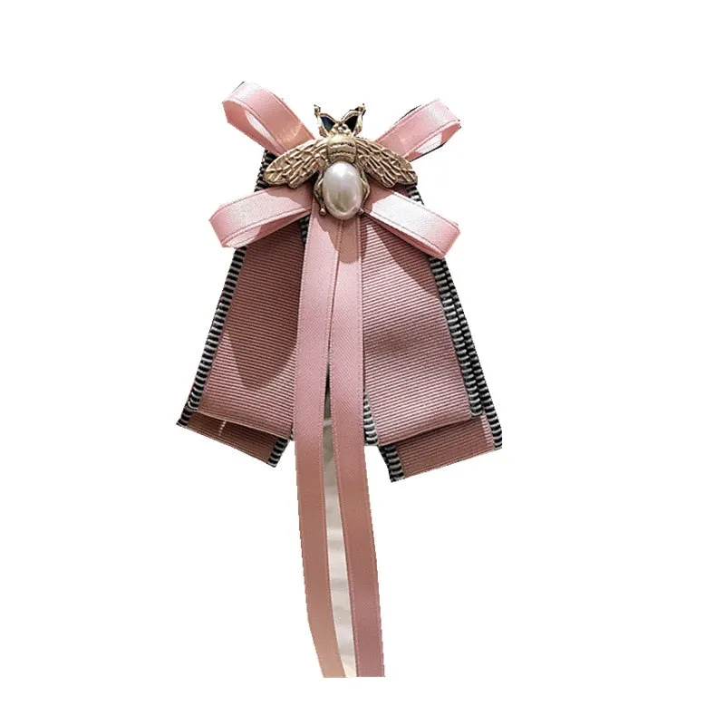 Korean High Grade Ribbon Pink Bow Brooches Bee Bowknot Collar Pins Shirt Necktie Accessories