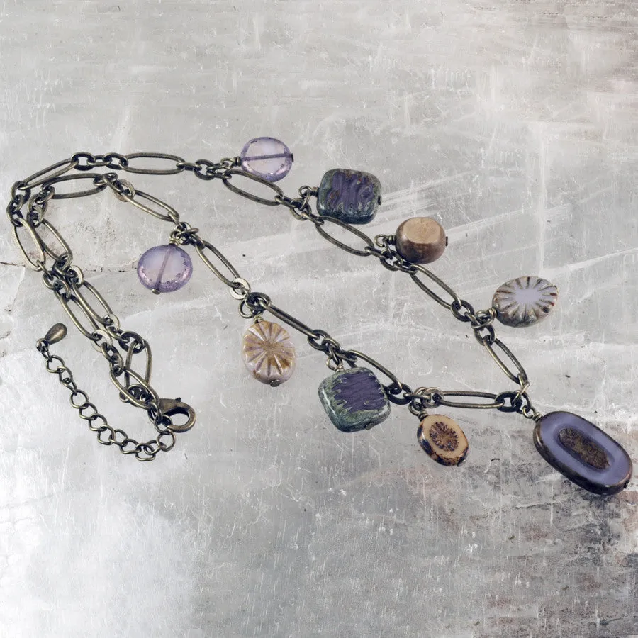 Lavender Czech Glass and Antique Brass Necklace