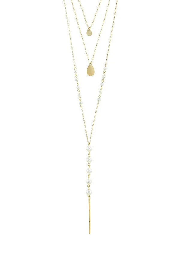 Linear bar accent faux pearl layer necklace set