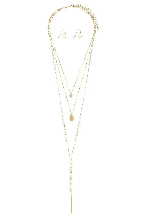 Linear bar accent faux pearl layer necklace set