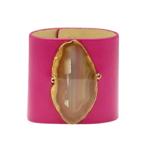 LOVED CUFF - PINK RUBY LEATHER WITH BROWN AGATE  S.1.01.001.1031