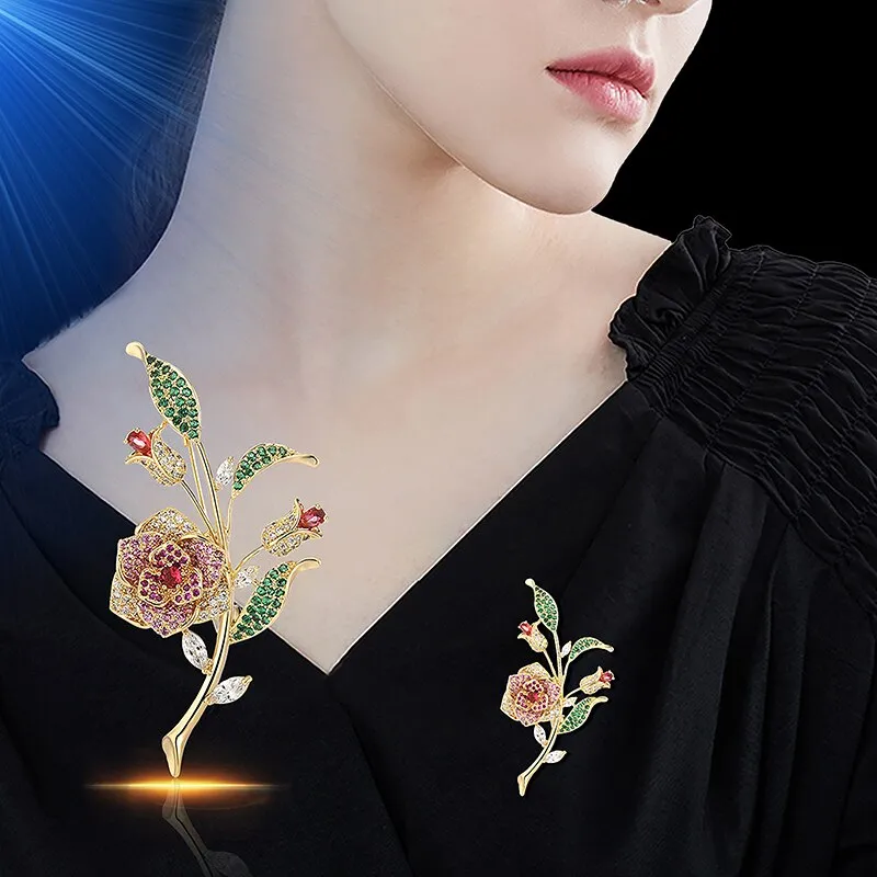 Luxury Copper Micro Inlaid Cubic Zirconia Rose Brooch Jewelry Gifts